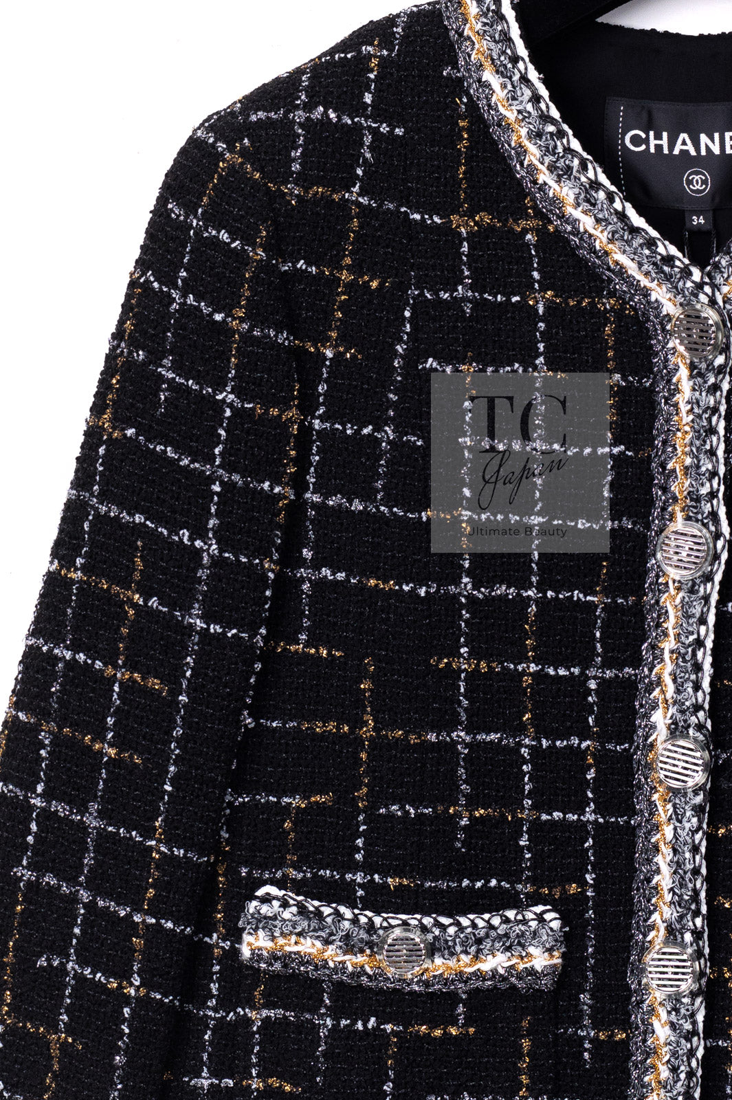 CHANEL 17S Black Gold Silver Metallic Trim Tweed Jacket 34 36 シャネル ブラック ゴールド シルバー メタリック ツイード ジャケット 即発