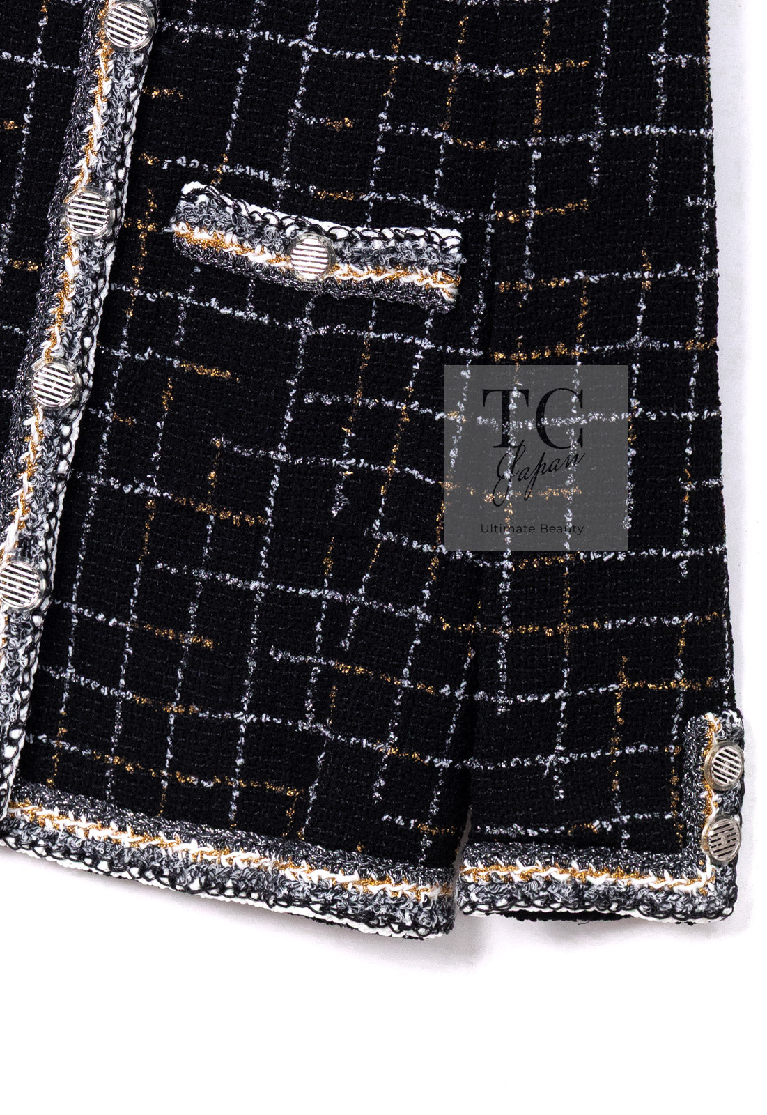 CHANEL 17S Black Gold Silver Metallic Trim Tweed Jacket 34 36 シャネル ブラック ゴールド シルバー メタリック ツイード ジャケット 即発