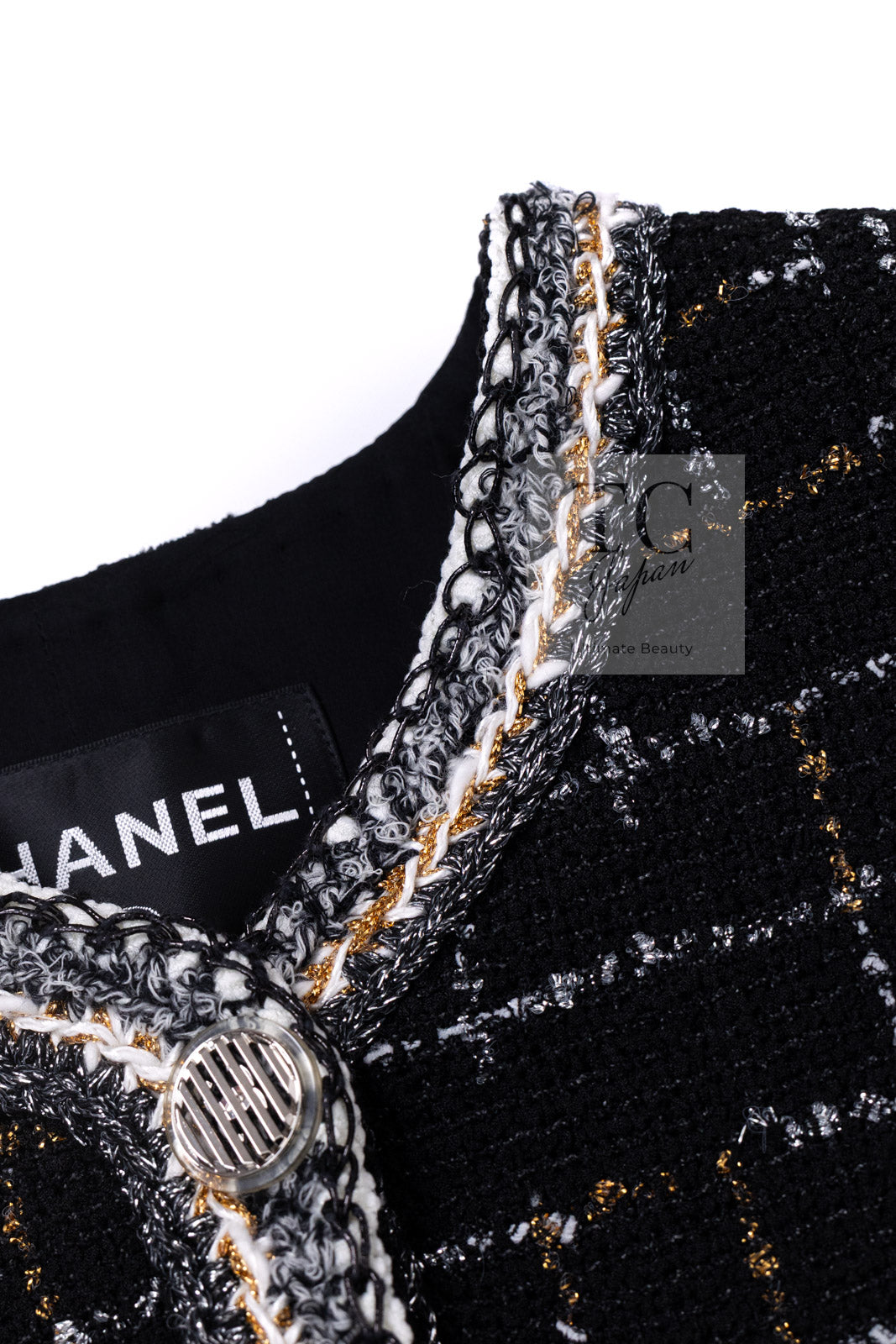 CHANEL 17S Black Gold Silver Metallic Trim Tweed Jacket 34 36 シャネル ブラック ゴールド シルバー メタリック ツイード ジャケット 即発