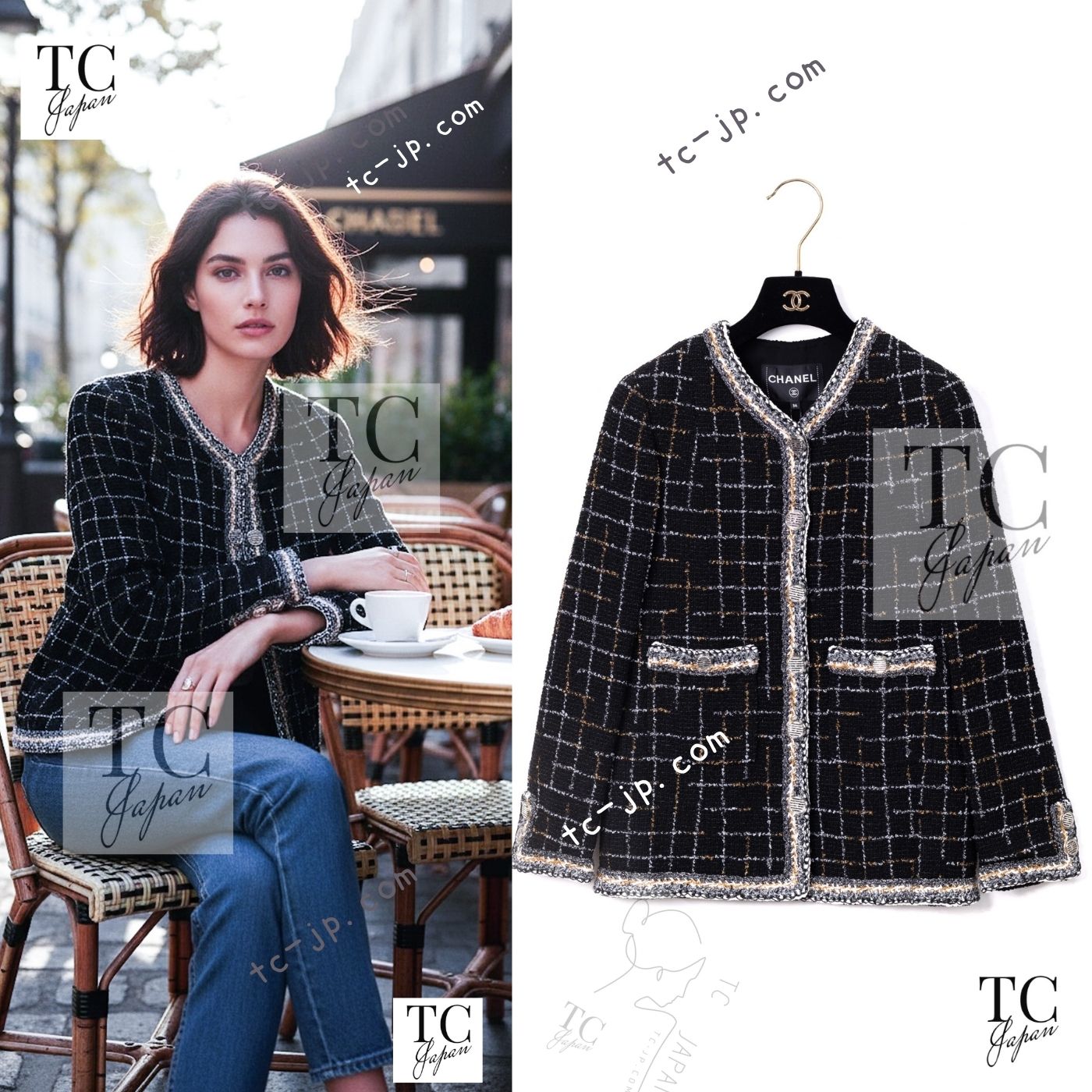 CHANEL 17S Black Gold Silver Metallic Trim Tweed Jacket 34 36 シャネル ブラック ゴールド シルバー メタリック ツイード ジャケット 即発