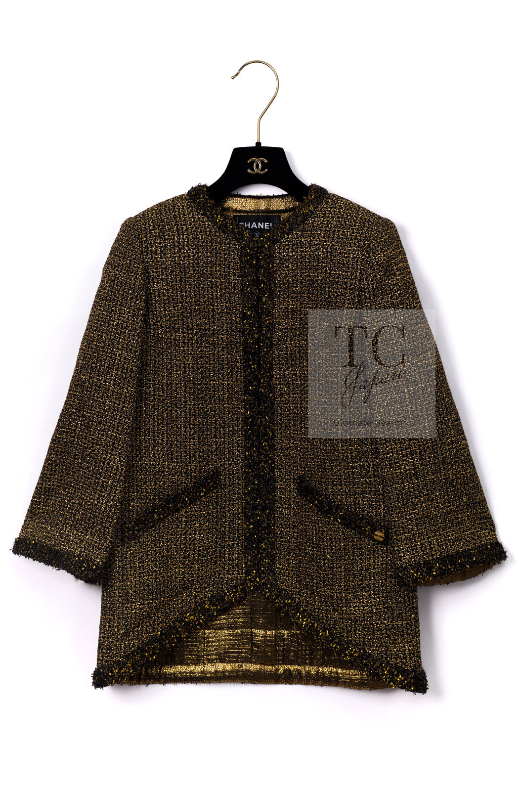 CHANEL 19PF Gold Black Collarless Cotton Jacket Coat 36 38 シャネル ゴールド ブラック ノーカラー コットン ジャケット コート 即発