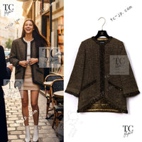 CHANEL 19PF Gold Black Collarless Cotton Jacket Coat 36 38 シャネル ゴールド ブラック ノーカラー コットン ジャケット コート 即発