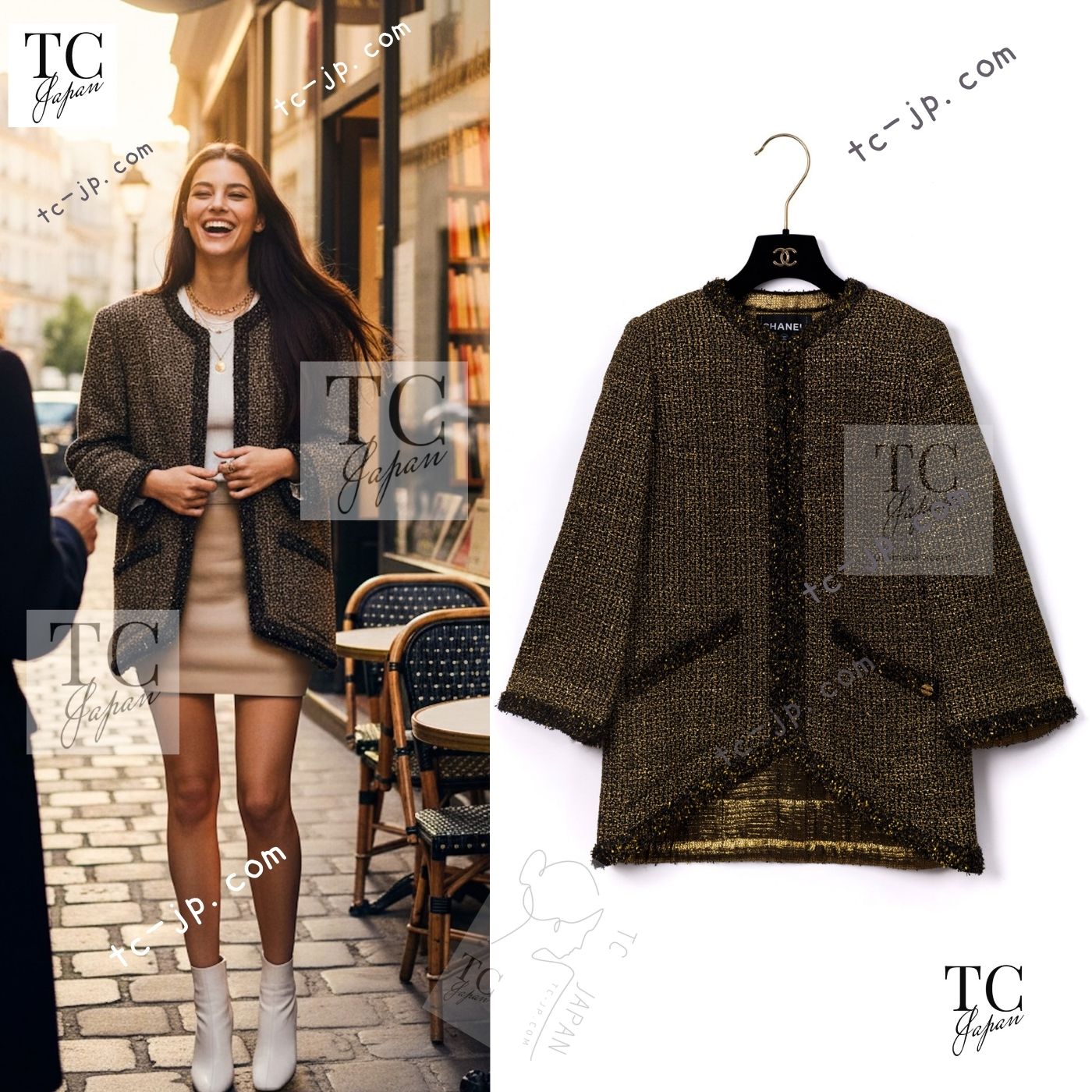 CHANEL 19PF Gold Black Collarless Cotton Jacket Coat 36 38 シャネル ゴールド ブラック ノーカラー コットン ジャケット コート 即発