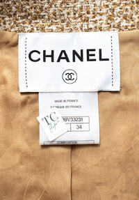 CHANEL 13C Gold Silk Fringe Collarless Tweed Jacket 34 シャネル ゴールド シルク フリンジ ノーカラー ツイード ジャケット 即発