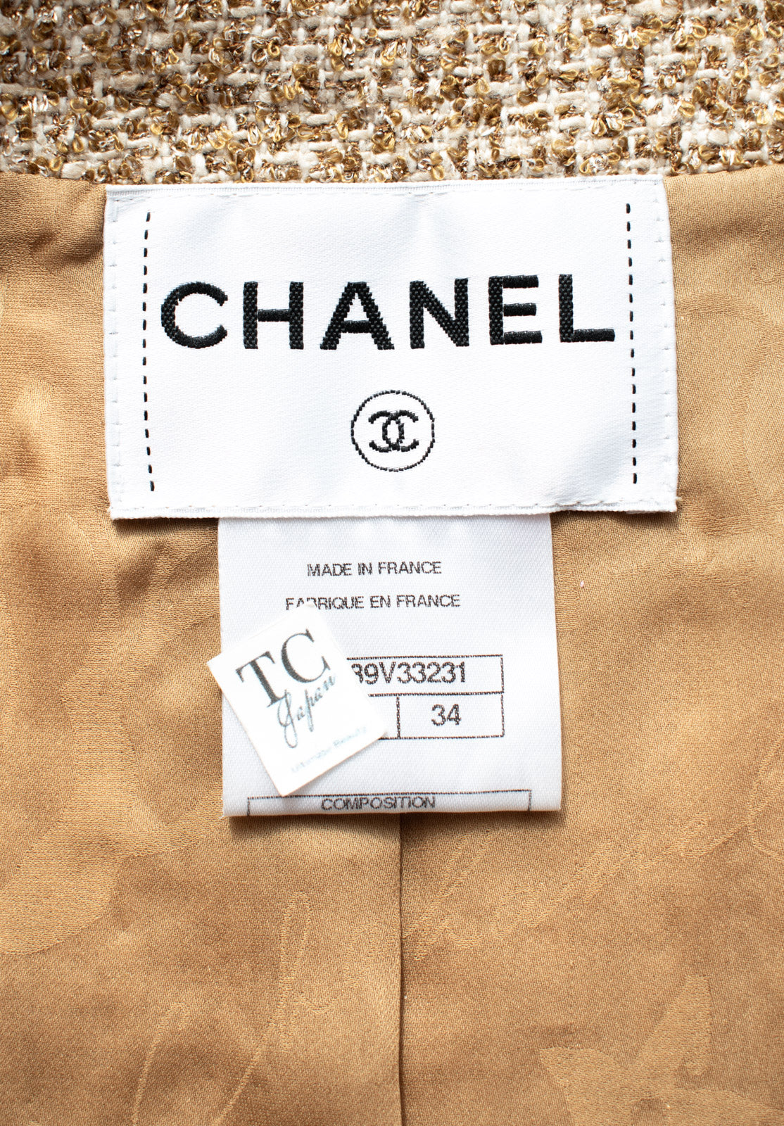 CHANEL 13C Gold Silk Fringe Collarless Tweed Jacket 34 シャネル ゴールド シルク フリンジ ノーカラー ツイード ジャケット 即発
