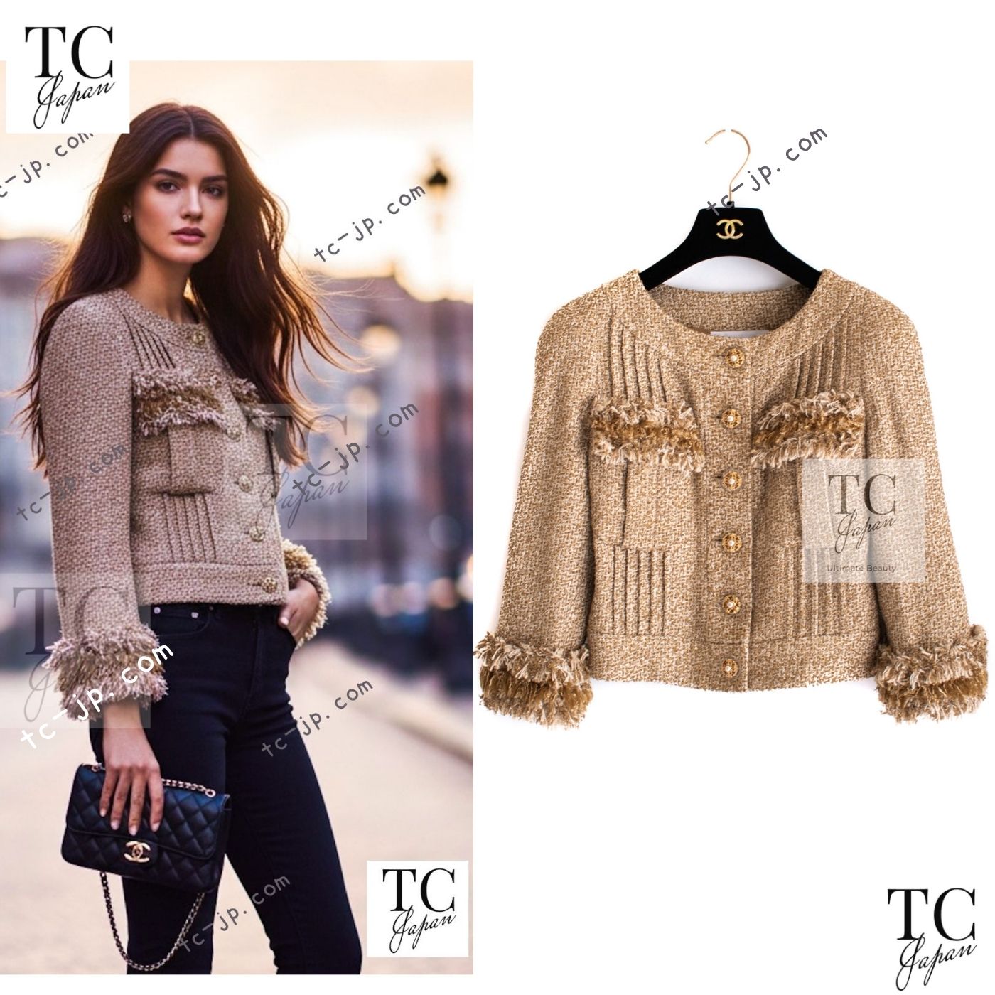 CHANEL 13C Gold Silk Fringe Collarless Tweed Jacket 34 シャネル ゴールド シルク フリンジ ノーカラー ツイード ジャケット 即発
