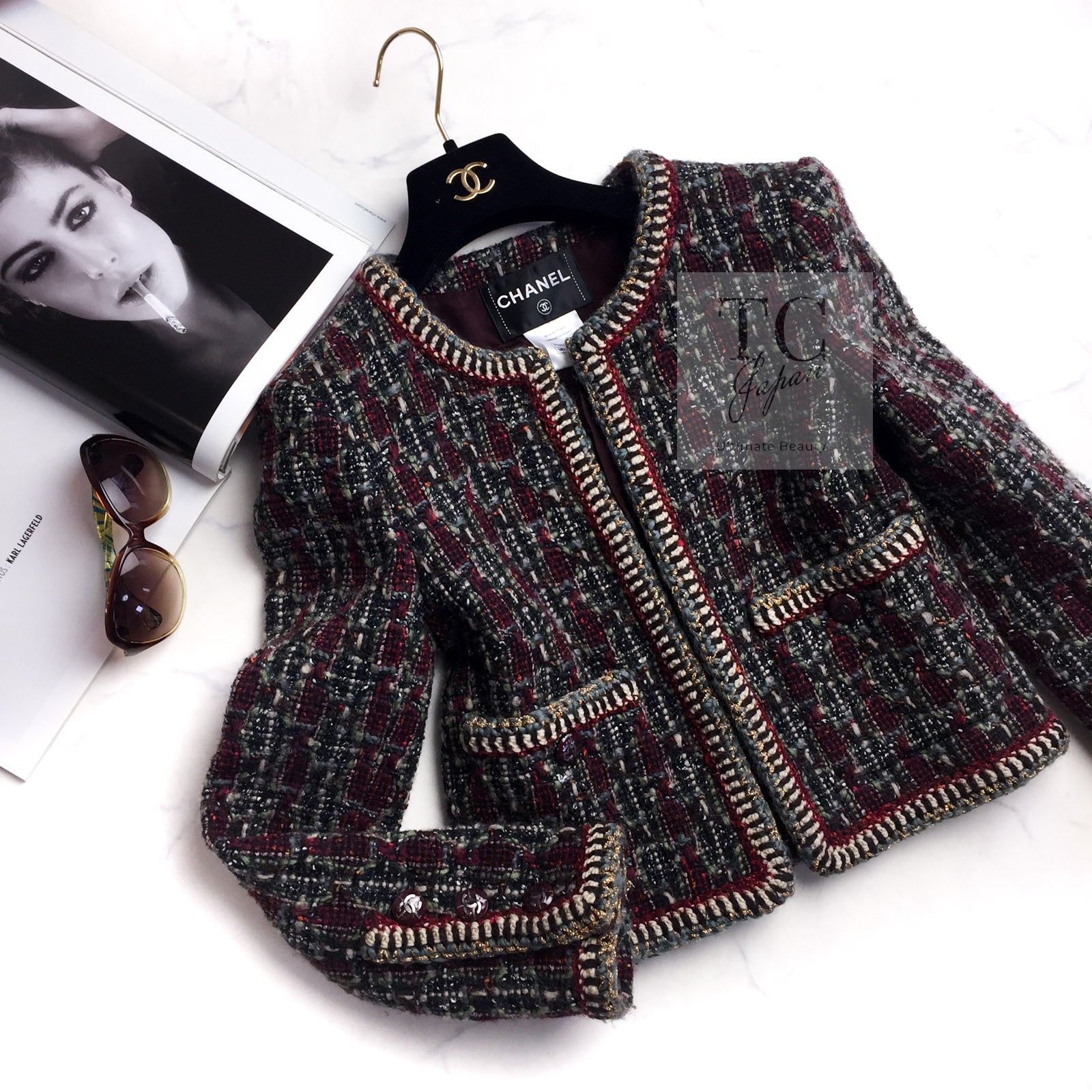 CHANEL 15A Maroon Wine Red Braid Trimming Wool Tweed Jacket 34 シャネル ワインレッド ブレイドトリミング ウール ツイード ジャケット 即発