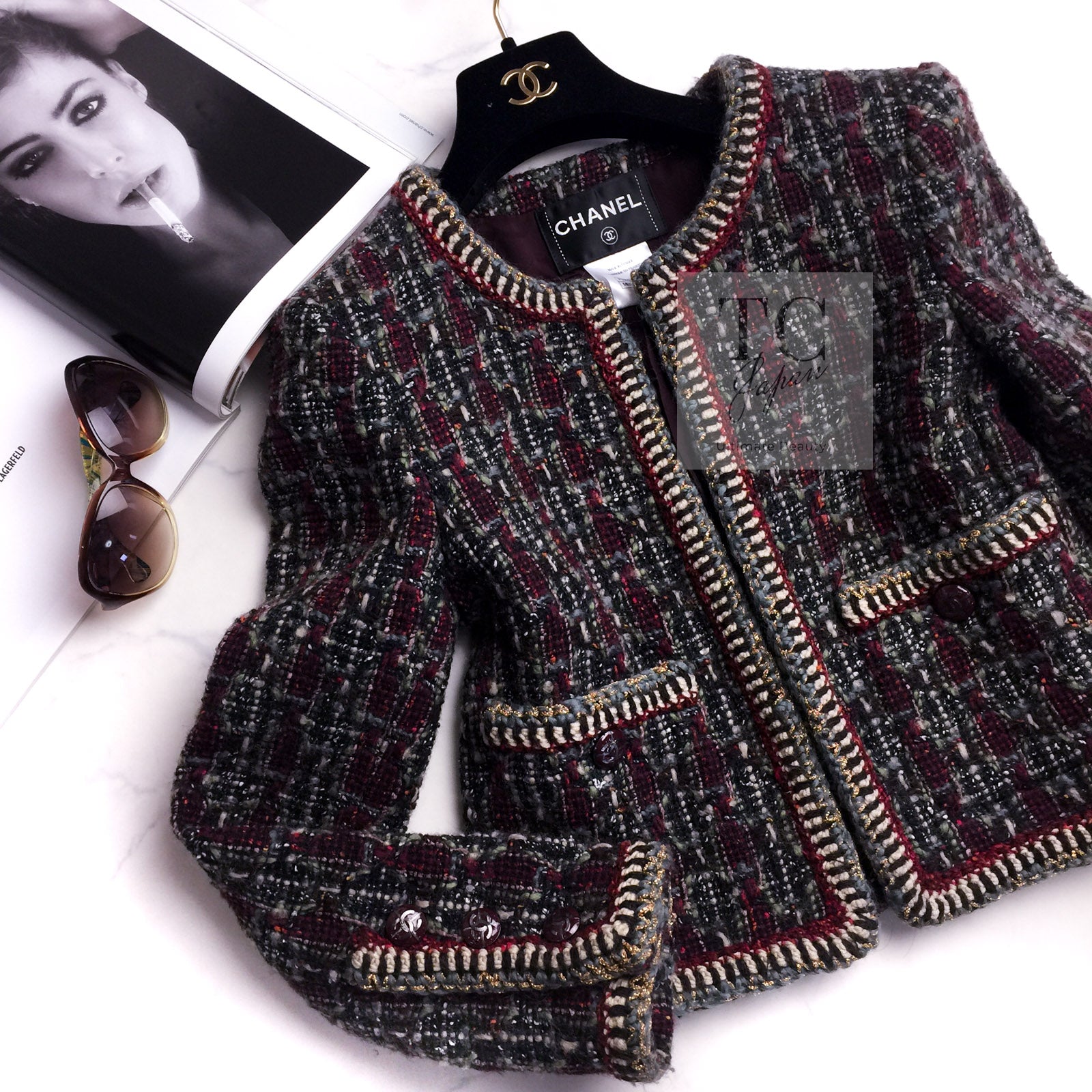 CHANEL 15A Maroon Wine Red Braid Trimming Wool Tweed Jacket 34 シャネル ワインレッド ブレイドトリミング ウール ツイード ジャケット 即発