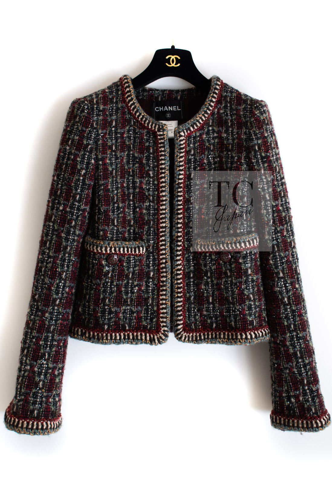 CHANEL 15A Maroon Wine Red Braid Trimming Wool Tweed Jacket 34 シャネル ワインレッド ブレイドトリミング ウール ツイード ジャケット 即発