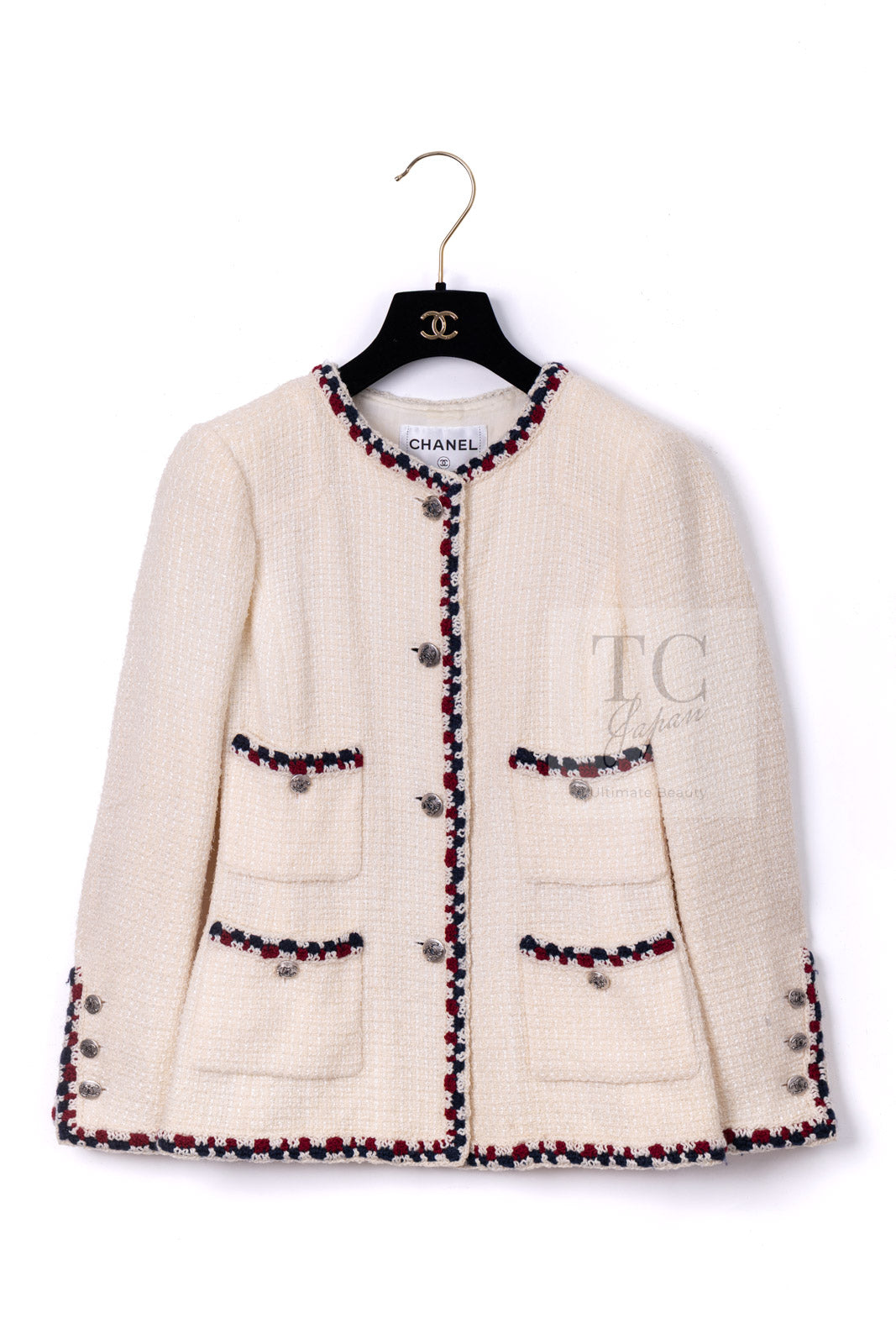 CHANEL 11S Ivory Creme Crochet Braid Trim Cotton Jacket 36 38 シャネル アイボリー クリーム クロシェット ブレイド トリミング コットン ジャケット 即発
