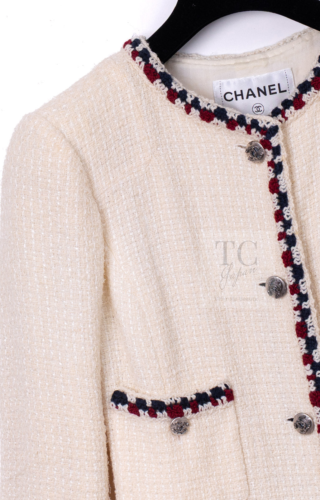 CHANEL 11S Ivory Creme Crochet Braid Trim Cotton Jacket 36 38 シャネル アイボリー クリーム クロシェット ブレイド トリミング コットン ジャケット 即発