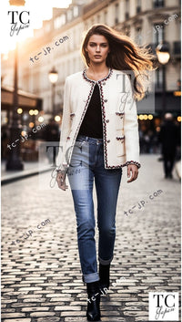 CHANEL 11S Ivory Creme Crochet Braid Trim Cotton Jacket 36 38 シャネル アイボリー クリーム クロシェット ブレイド トリミング コットン ジャケット 即発