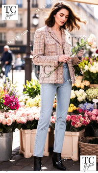 CHANEL 07C Pink Beige Multi Collarless Tweed Jacket Skirt Suit 36 シャネル ピンク ベージュ ノーカラー ツイード ジャケット スカート スーツ 即発