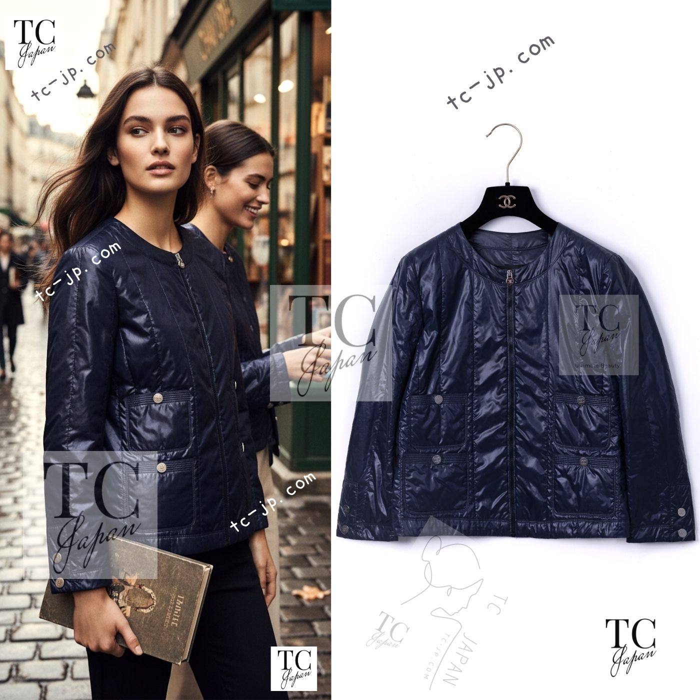 CHANEL 12S Navy Nylon Zipper Blouson Jacket CC Button 34 36 シャネル ネイビー ナイロン ジッパー ブルゾン ジャケット ココボタン 即発