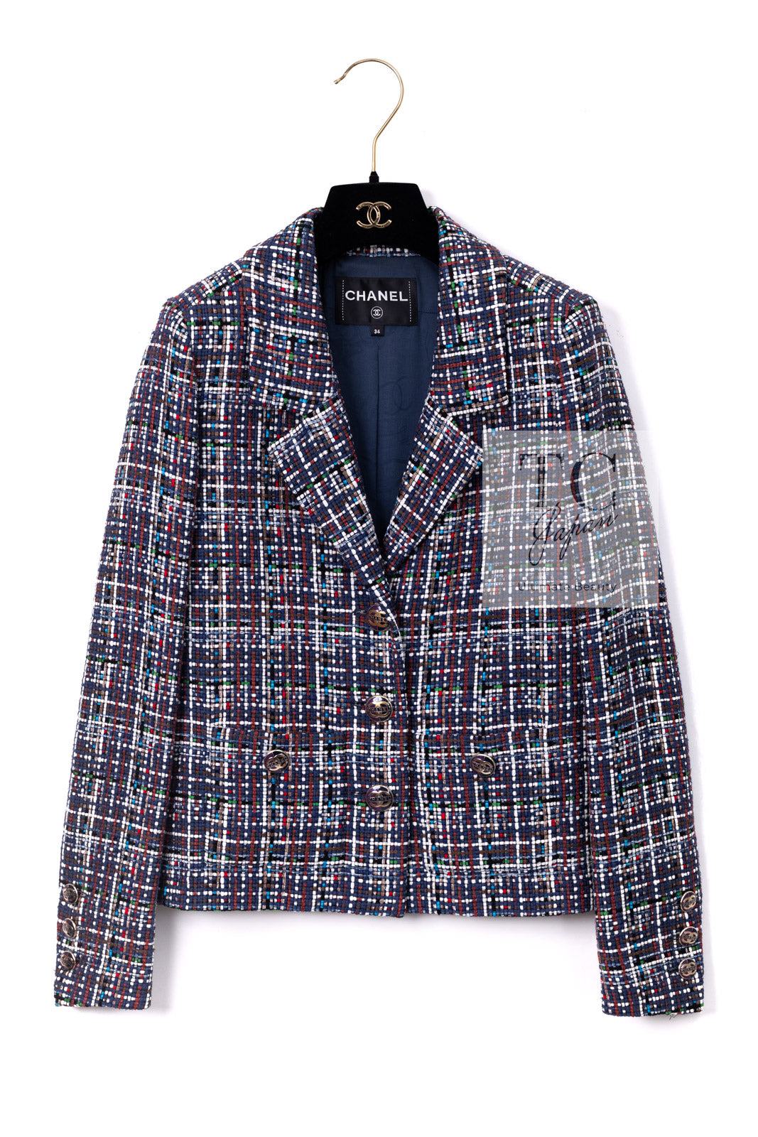 CHANEL 17PS Navy Multicolor Cotton Silk Jacket 34 36 シャネル ネイビー マルチカラー コットン シルク ジャケット 即発