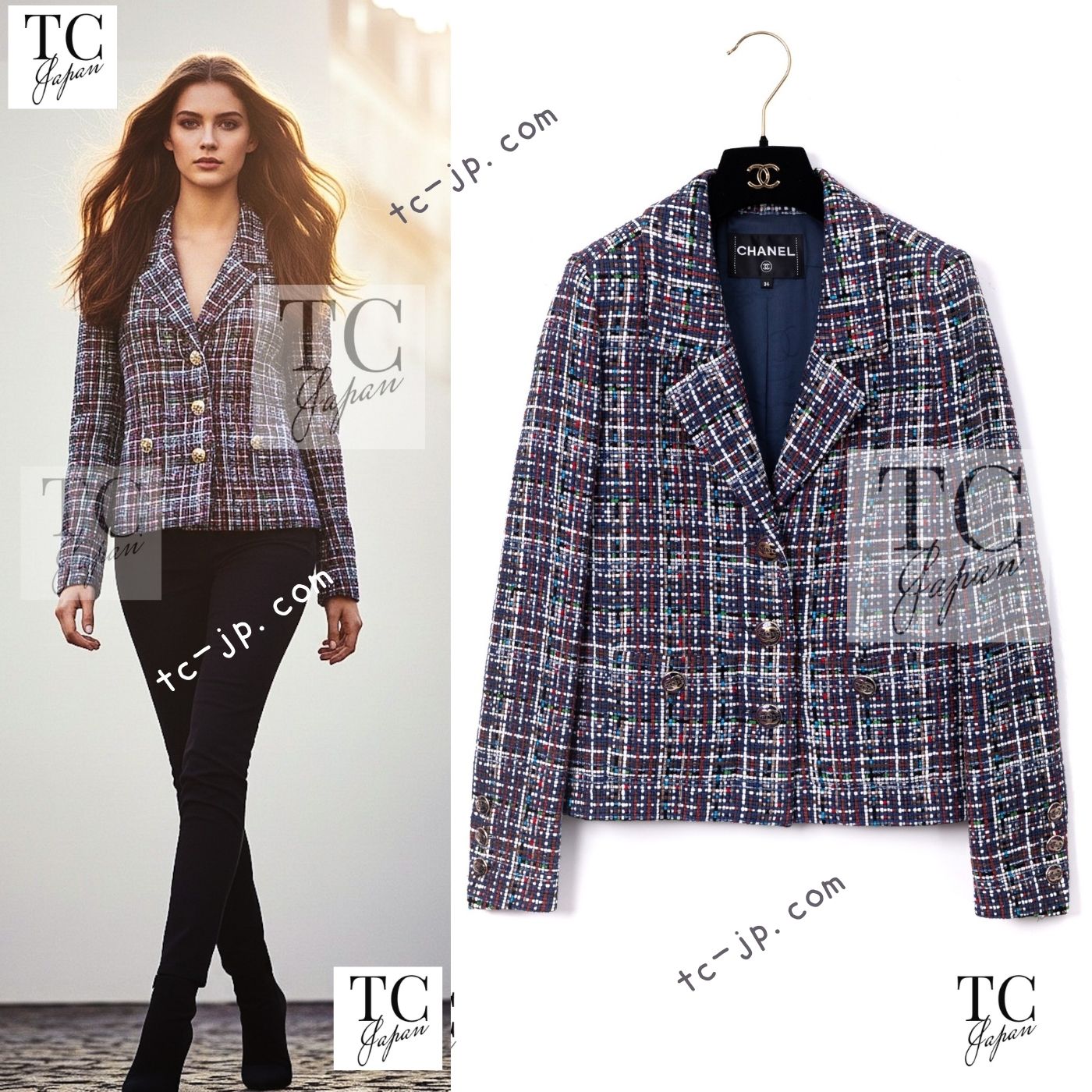 CHANEL 17PS Navy Multicolor Cotton Silk Jacket 34 36 シャネル ネイビー マルチカラー コットン シルク ジャケット 即発