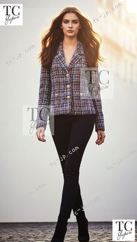 CHANEL 17PS Navy Multicolor Cotton Silk Jacket 34 36 シャネル ネイビー マルチカラー コットン シルク ジャケット 即発