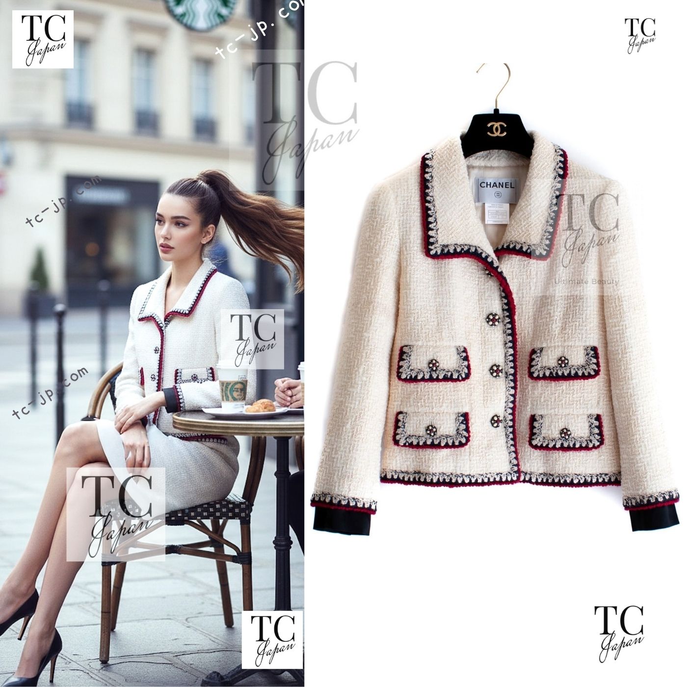 CHANEL 06PF Limited Cream Ivory Trim Wool Silk Tweed Jacket 42 44 シャネル クリーム ブラック レッド ウール シルク ツイード ジャケット 即発