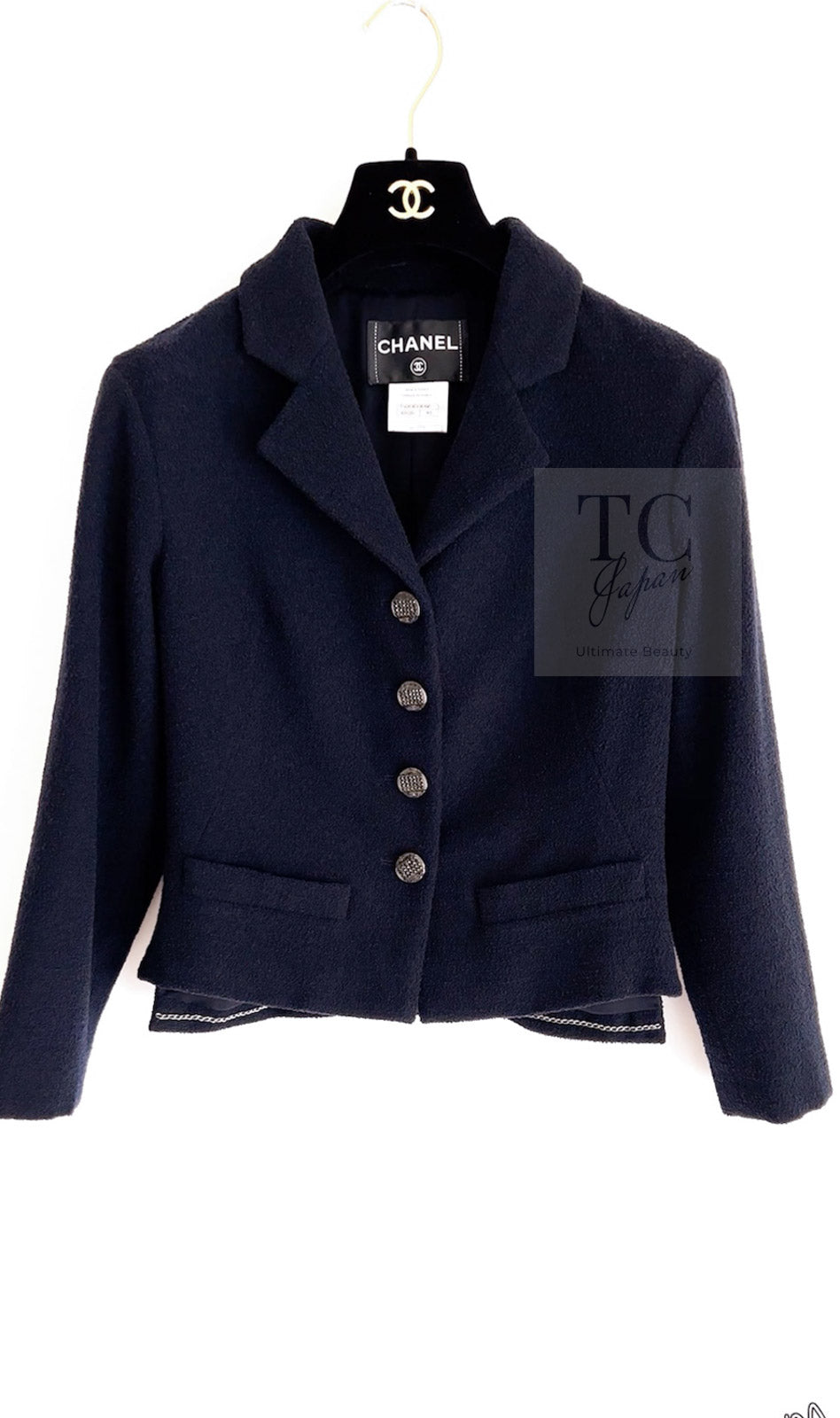 CHANEL 12C Navy Rhinestone CC Buttons Wool V-neck Jacket 34 シャネル ネイビー ラインストーン CCボタン ウール Vネック ジャケット 即発