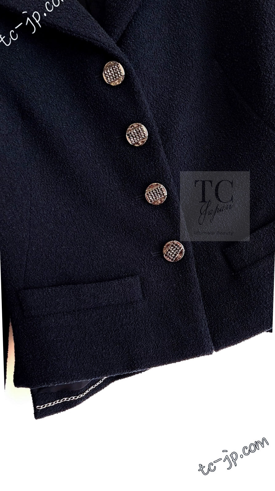CHANEL 12C Navy Rhinestone CC Buttons Wool V-neck Jacket 34 シャネル ネイビー ラインストーン CCボタン ウール Vネック ジャケット 即発