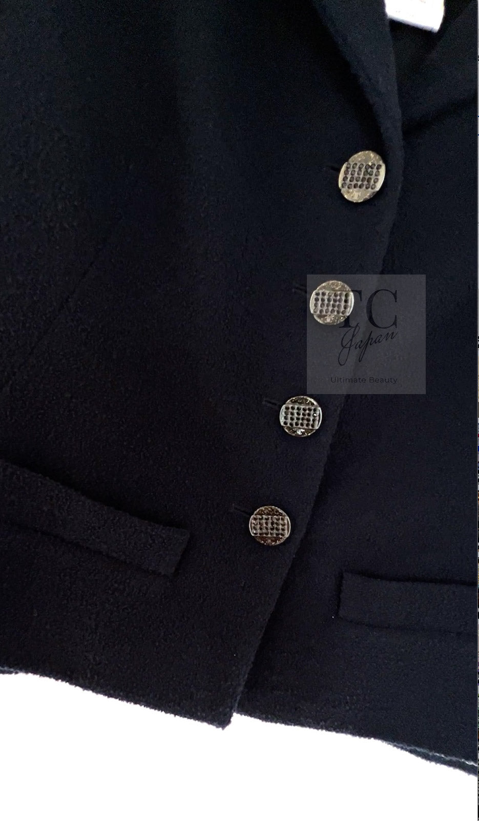 CHANEL 12C Navy Rhinestone CC Buttons Wool V-neck Jacket 34 シャネル ネイビー ラインストーン CCボタン ウール Vネック ジャケット 即発