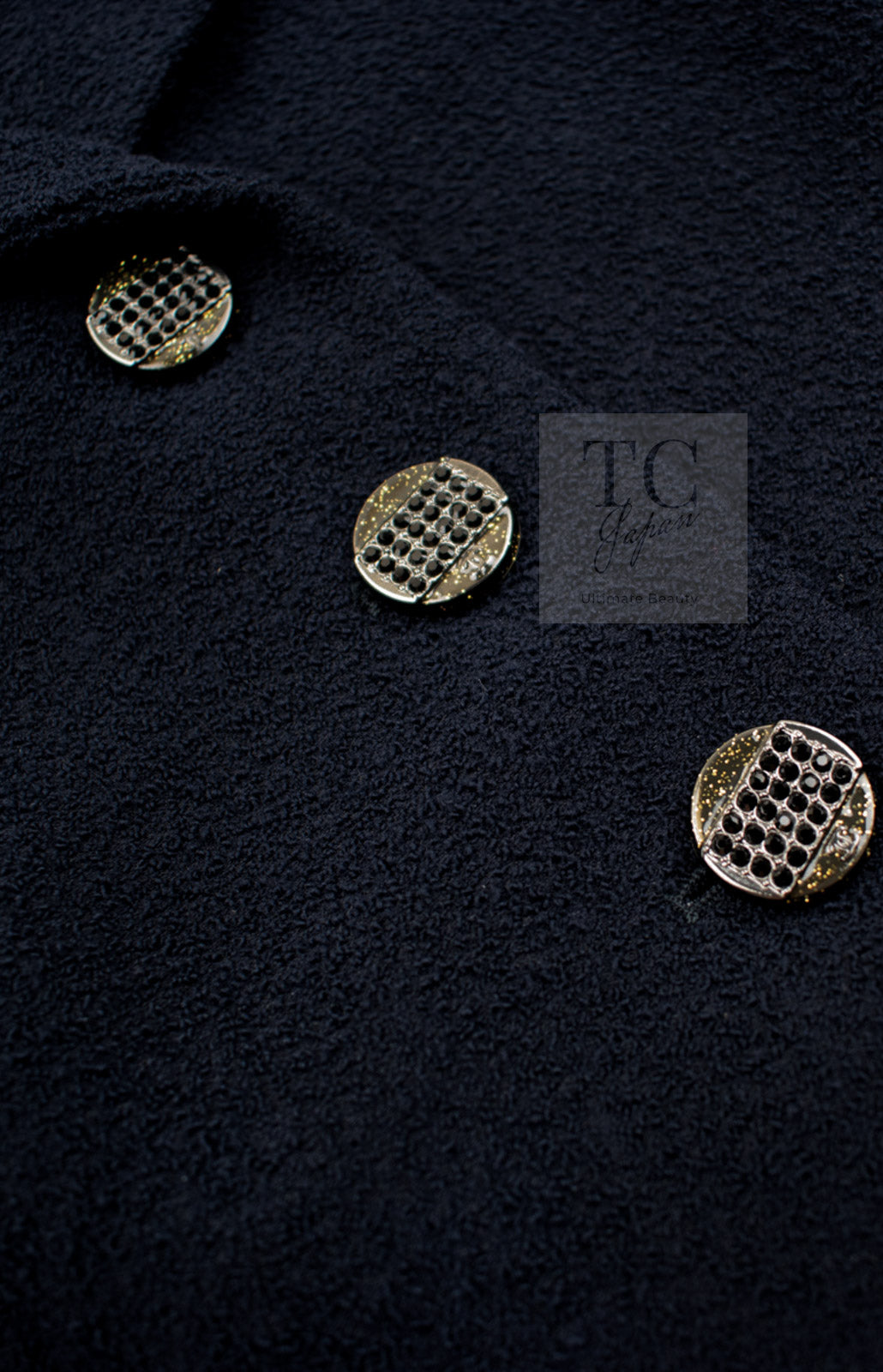 CHANEL 12C Navy Rhinestone CC Buttons Wool V-neck Jacket 34 シャネル ネイビー ラインストーン CCボタン ウール Vネック ジャケット 即発