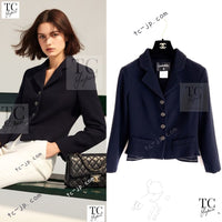 CHANEL 12C Navy Rhinestone CC Buttons Wool V-neck Jacket 34 シャネル ネイビー ラインストーン CCボタン ウール Vネック ジャケット 即発