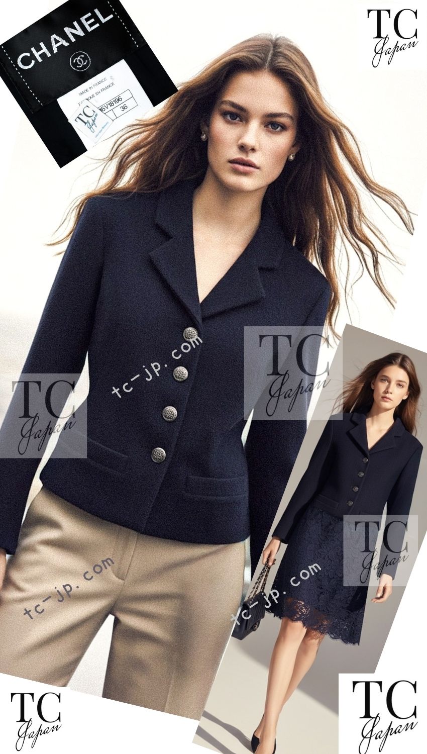 CHANEL 12C Navy Rhinestone CC Buttons Wool V-neck Jacket 34 シャネル ネイビー ラインストーン CCボタン ウール Vネック ジャケット 即発