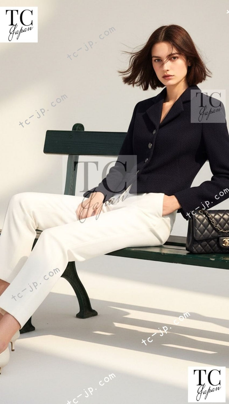 CHANEL 12C Navy Rhinestone CC Buttons Wool V-neck Jacket 34 シャネル ネイビー ラインストーン CCボタン ウール Vネック ジャケット 即発