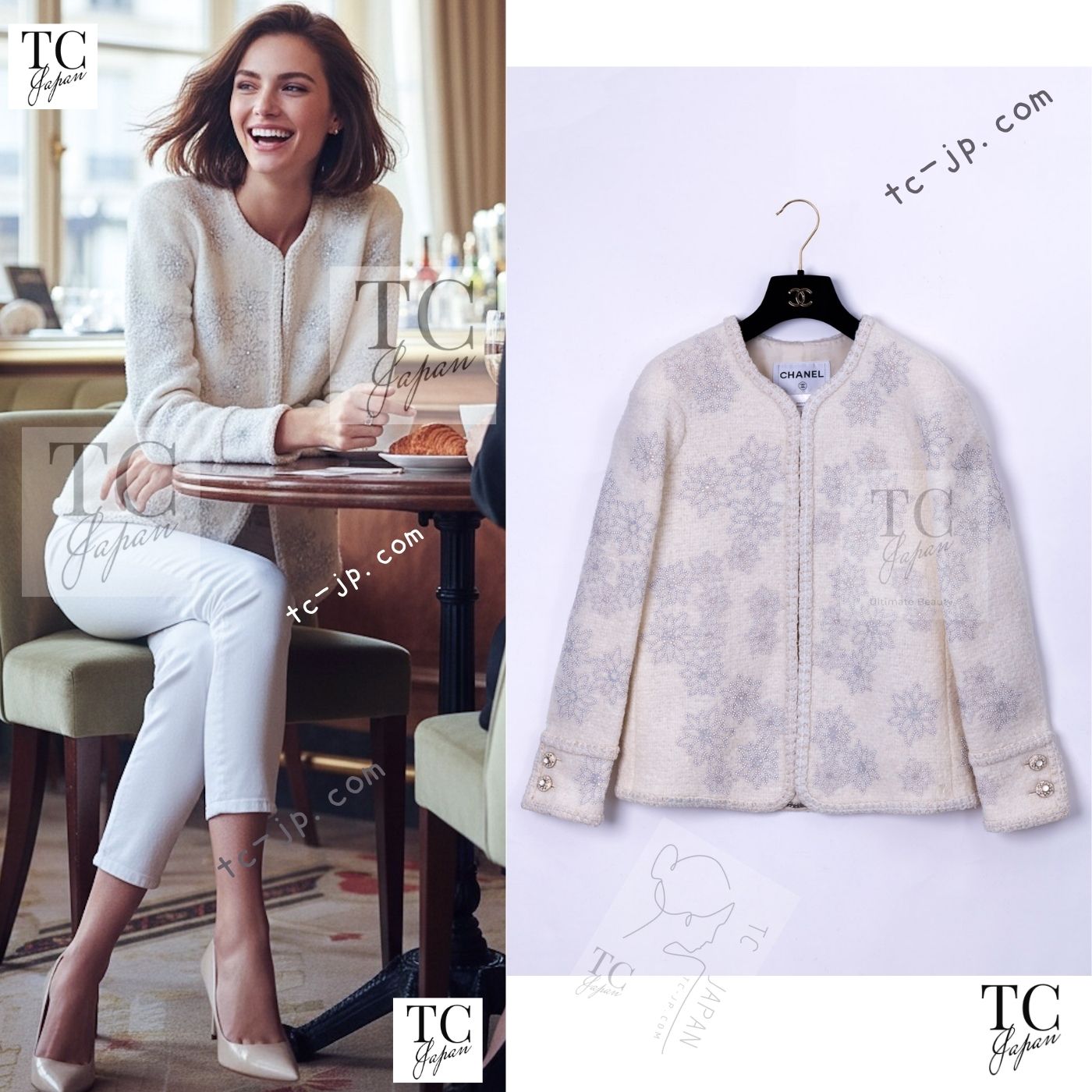 CHANEL 15PF Ivory Wool Mohair Beaded Rhinestone Jacket 36 38 シャネル アイボリー ウール モヘア ビーズ ラインストーン ジャケット 即発