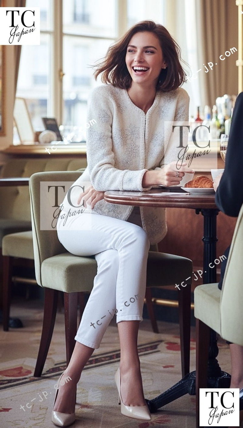 CHANEL 15PF Ivory Wool Mohair Beaded Rhinestone Jacket 36 38 シャネル アイボリー ウール モヘア ビーズ ラインストーン ジャケット 即発