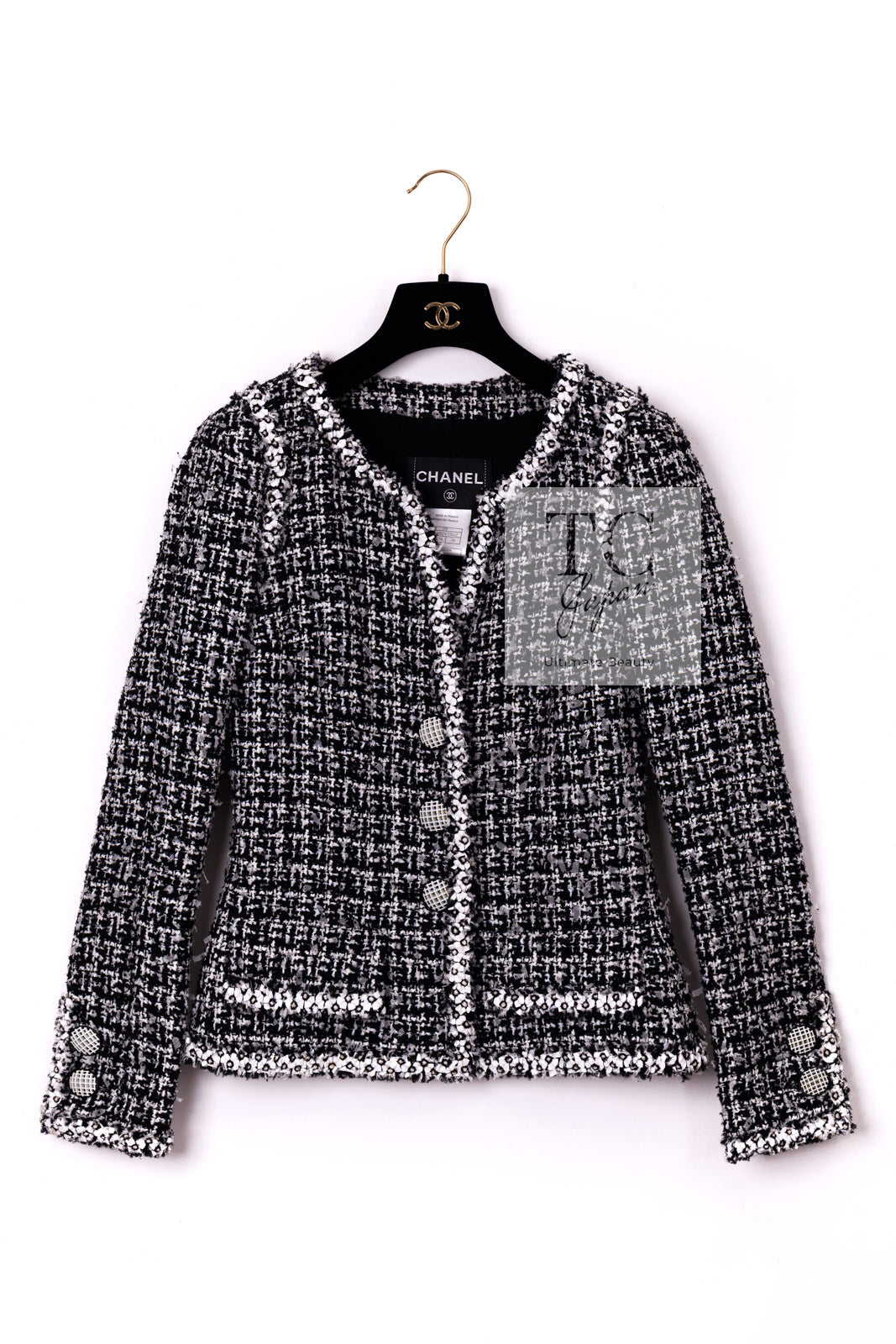 CHANEL 09S Black White Collarless Tweed Jacket 34 シャネル ブラック ホワイト ノーカラー ツイード ジャケット 即発
