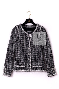 CHANEL 09S Black White Collarless Tweed Jacket 34 シャネル ブラック ホワイト ノーカラー ツイード ジャケット 即発