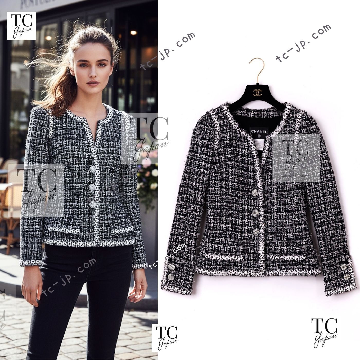 CHANEL 09S Black White Collarless Tweed Jacket 34 シャネル ブラック ホワイト ノーカラー ツイード ジャケット 即発