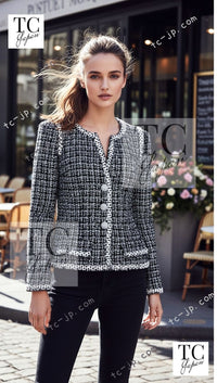CHANEL 09S Black White Collarless Tweed Jacket 34 シャネル ブラック ホワイト ノーカラー ツイード ジャケット 即発