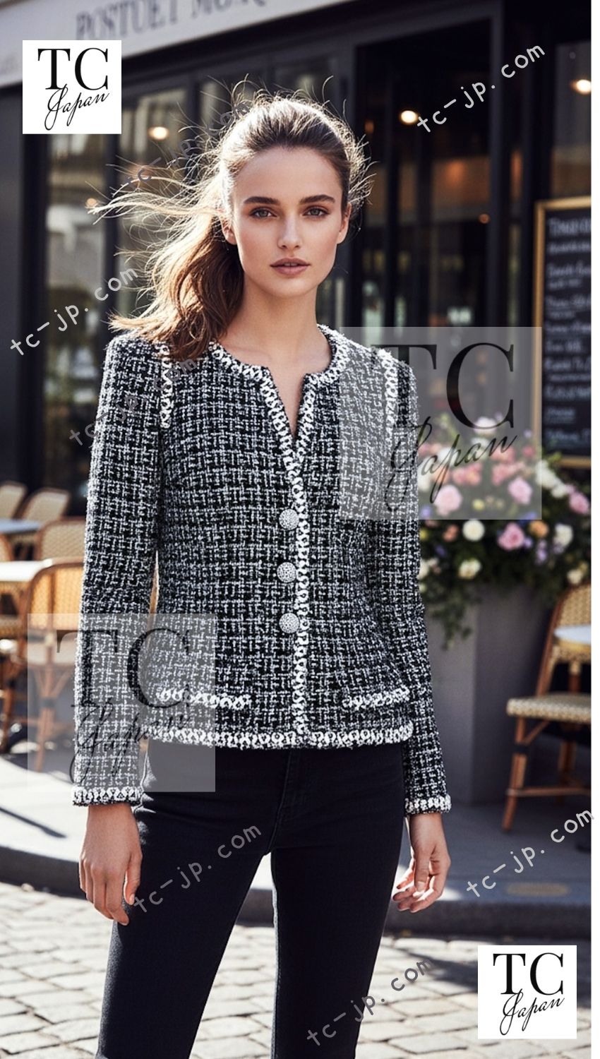 CHANEL 09S Black White Collarless Tweed Jacket 34 シャネル ブラック ホワイト ノーカラー ツイード ジャケット 即発