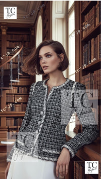 CHANEL 09S Black White Collarless Tweed Jacket 34 シャネル ブラック ホワイト ノーカラー ツイード ジャケット 即発