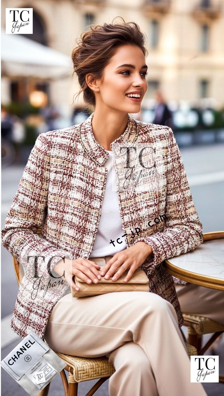 CHANEL 06S red brown multicolor tweed jacket styled on a model