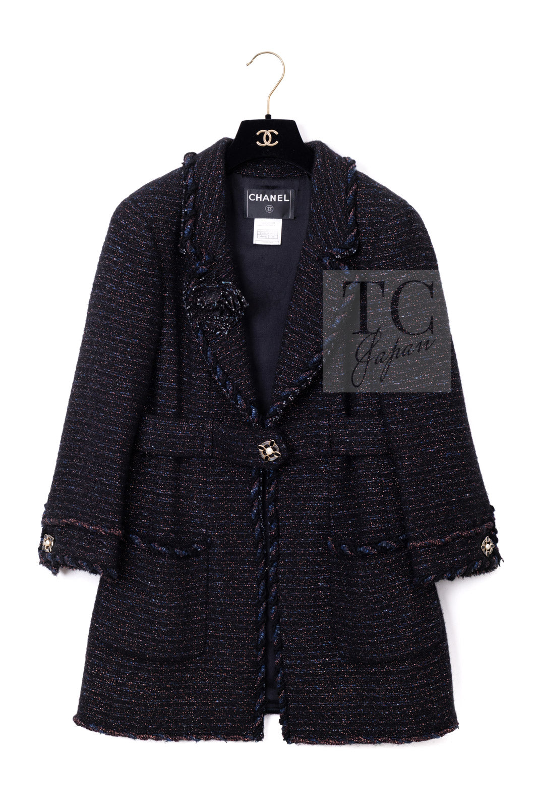 CHANEL 07PF Black Blue Metallic Wool Cashmere Tweed Jacket Coat 38 シャネル ブラック ブルー メタリック ウール カシミヤ ツイード ジャケット コート 即発