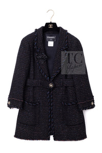 CHANEL 07PF Black Blue Metallic Wool Cashmere Tweed Jacket Coat 38 シャネル ブラック ブルー メタリック ウール カシミヤ ツイード ジャケット コート 即発