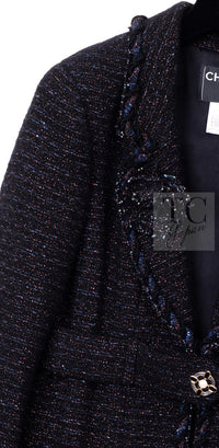 CHANEL 07PF Black Blue Metallic Wool Cashmere Tweed Jacket Coat 38 シャネル ブラック ブルー メタリック ウール カシミヤ ツイード ジャケット コート 即発