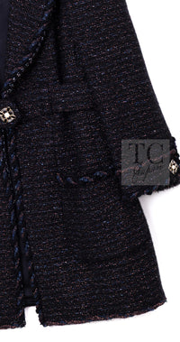 CHANEL 07PF Black Blue Metallic Wool Cashmere Tweed Jacket Coat 38 シャネル ブラック ブルー メタリック ウール カシミヤ ツイード ジャケット コート 即発