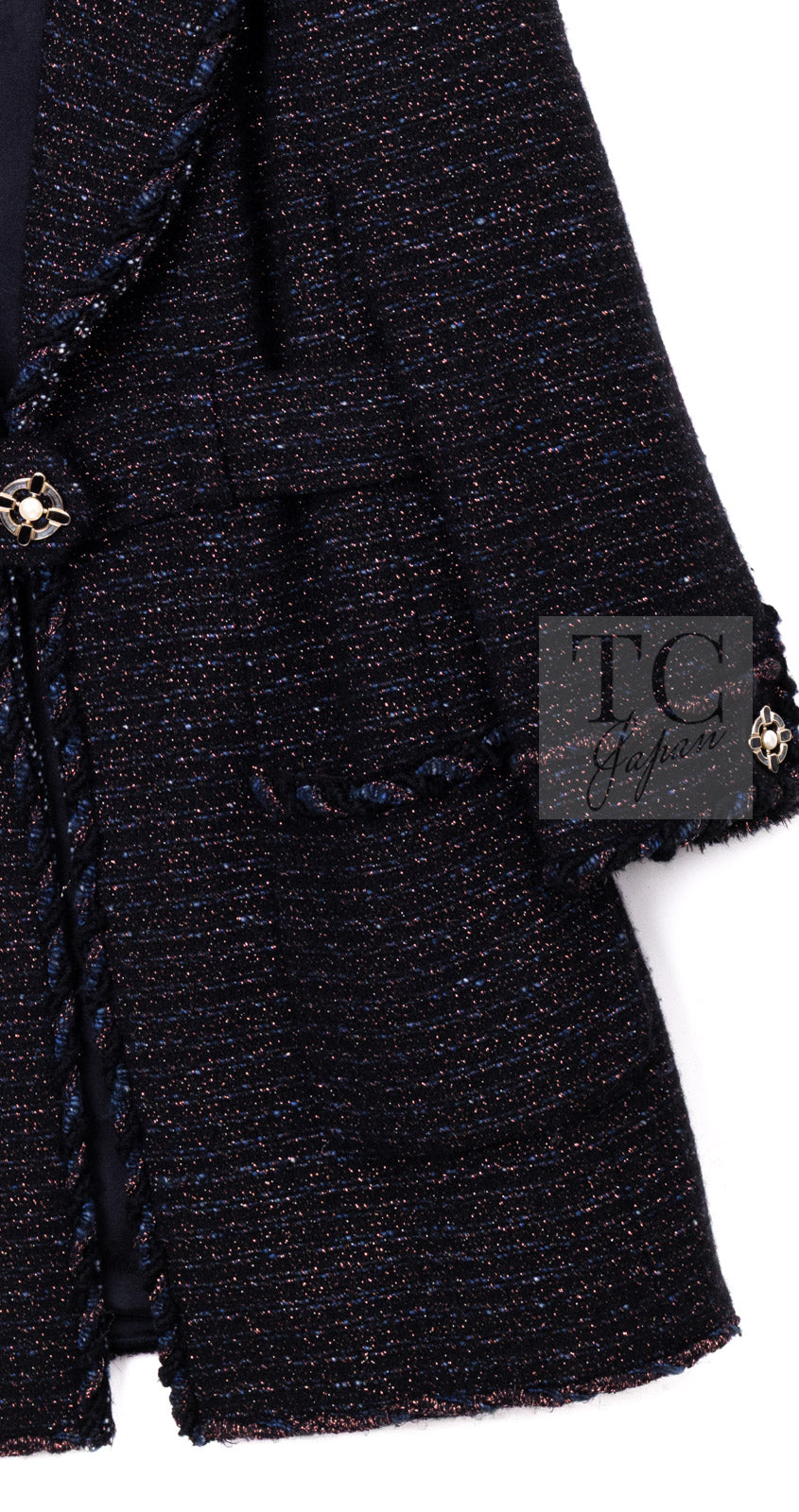 CHANEL 07PF Black Blue Metallic Wool Cashmere Tweed Jacket Coat 38 シャネル ブラック ブルー メタリック ウール カシミヤ ツイード ジャケット コート 即発