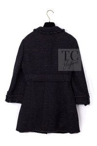 CHANEL 07PF Black Blue Metallic Wool Cashmere Tweed Jacket Coat 38 シャネル ブラック ブルー メタリック ウール カシミヤ ツイード ジャケット コート 即発