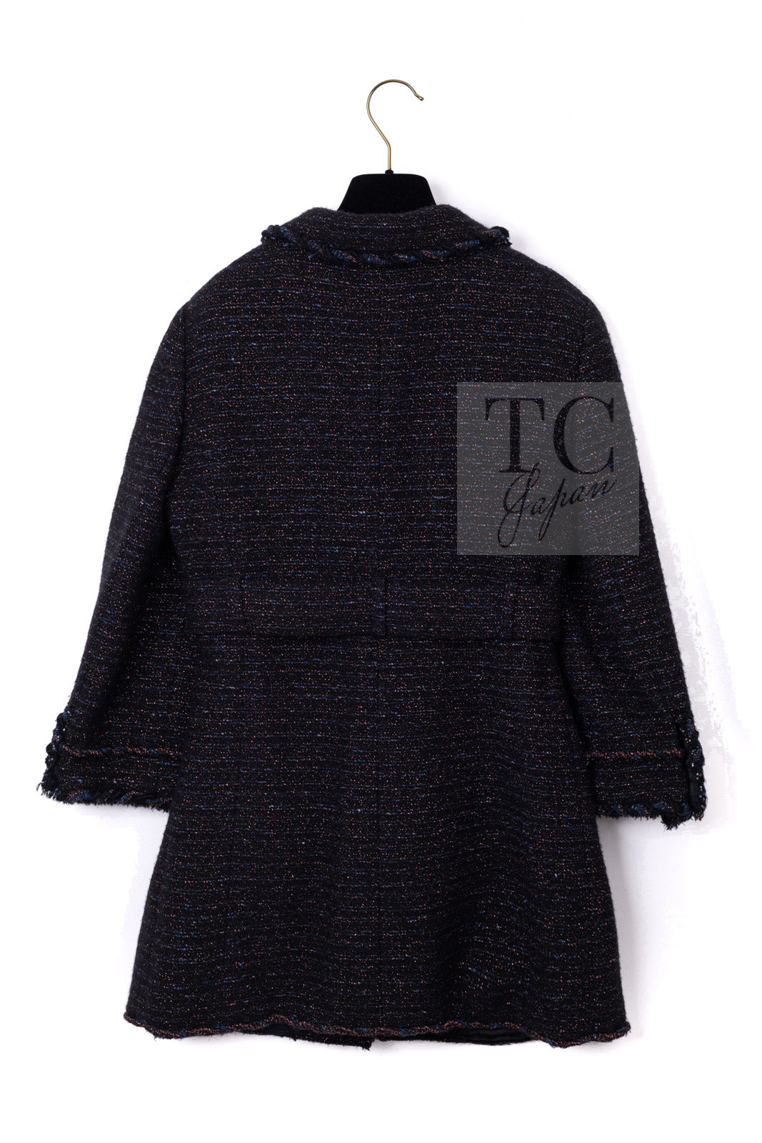 CHANEL 07PF Black Blue Metallic Wool Cashmere Tweed Jacket Coat 38 シャネル ブラック ブルー メタリック ウール カシミヤ ツイード ジャケット コート 即発