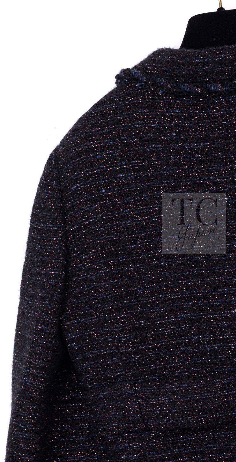 CHANEL 07PF Black Blue Metallic Wool Cashmere Tweed Jacket Coat 38 シャネル ブラック ブルー メタリック ウール カシミヤ ツイード ジャケット コート 即発