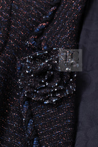 CHANEL 07PF Black Blue Metallic Wool Cashmere Tweed Jacket Coat 38 シャネル ブラック ブルー メタリック ウール カシミヤ ツイード ジャケット コート 即発