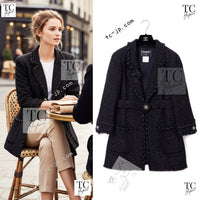 CHANEL 07PF Black Blue Metallic Wool Cashmere Tweed Jacket Coat 38 シャネル ブラック ブルー メタリック ウール カシミヤ ツイード ジャケット コート 即発