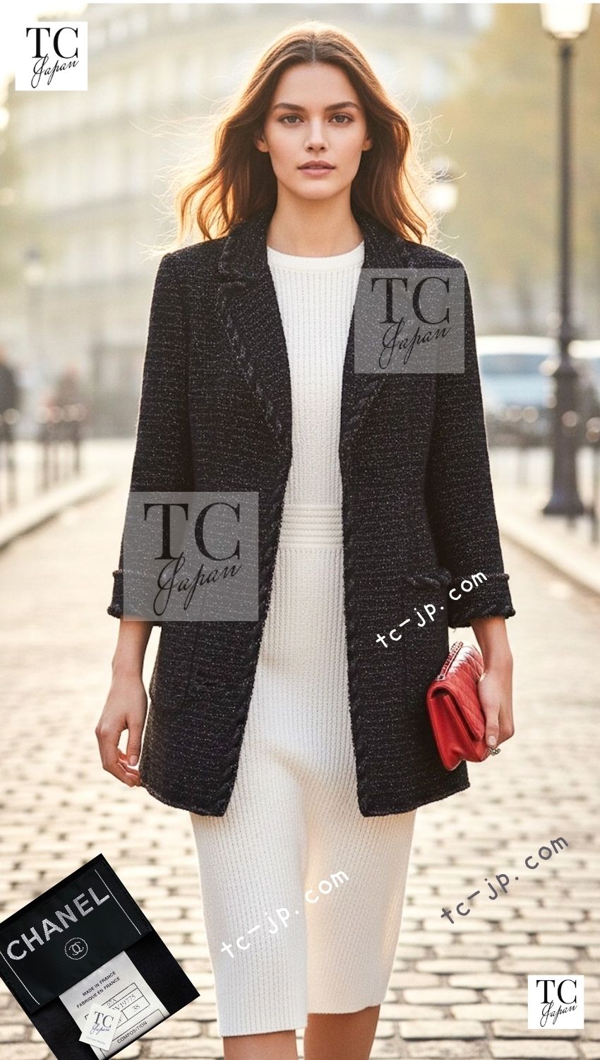 CHANEL 07PF Black Blue Metallic Wool Cashmere Tweed Jacket Coat 38 シャネル ブラック ブルー メタリック ウール カシミヤ ツイード ジャケット コート 即発