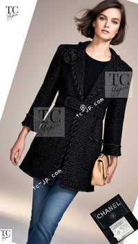 CHANEL 07PF Black Blue Metallic Wool Cashmere Tweed Jacket Coat 38 シャネル ブラック ブルー メタリック ウール カシミヤ ツイード ジャケット コート 即発